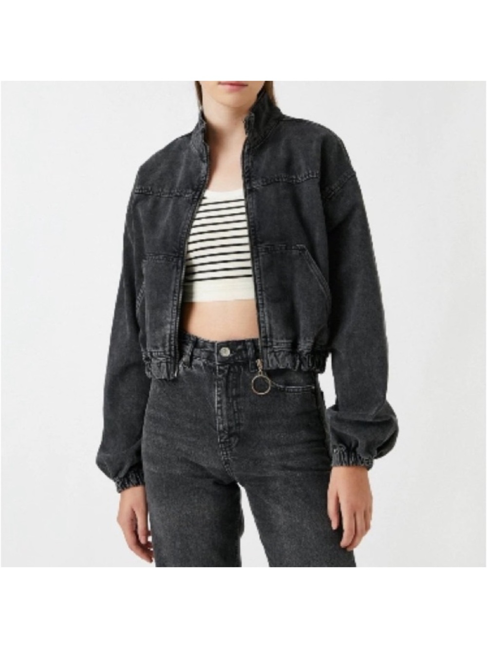 UNWORN BDG Women’s Black Cropped Denim Bomber Utility Jacket ~ Oversized ~ S